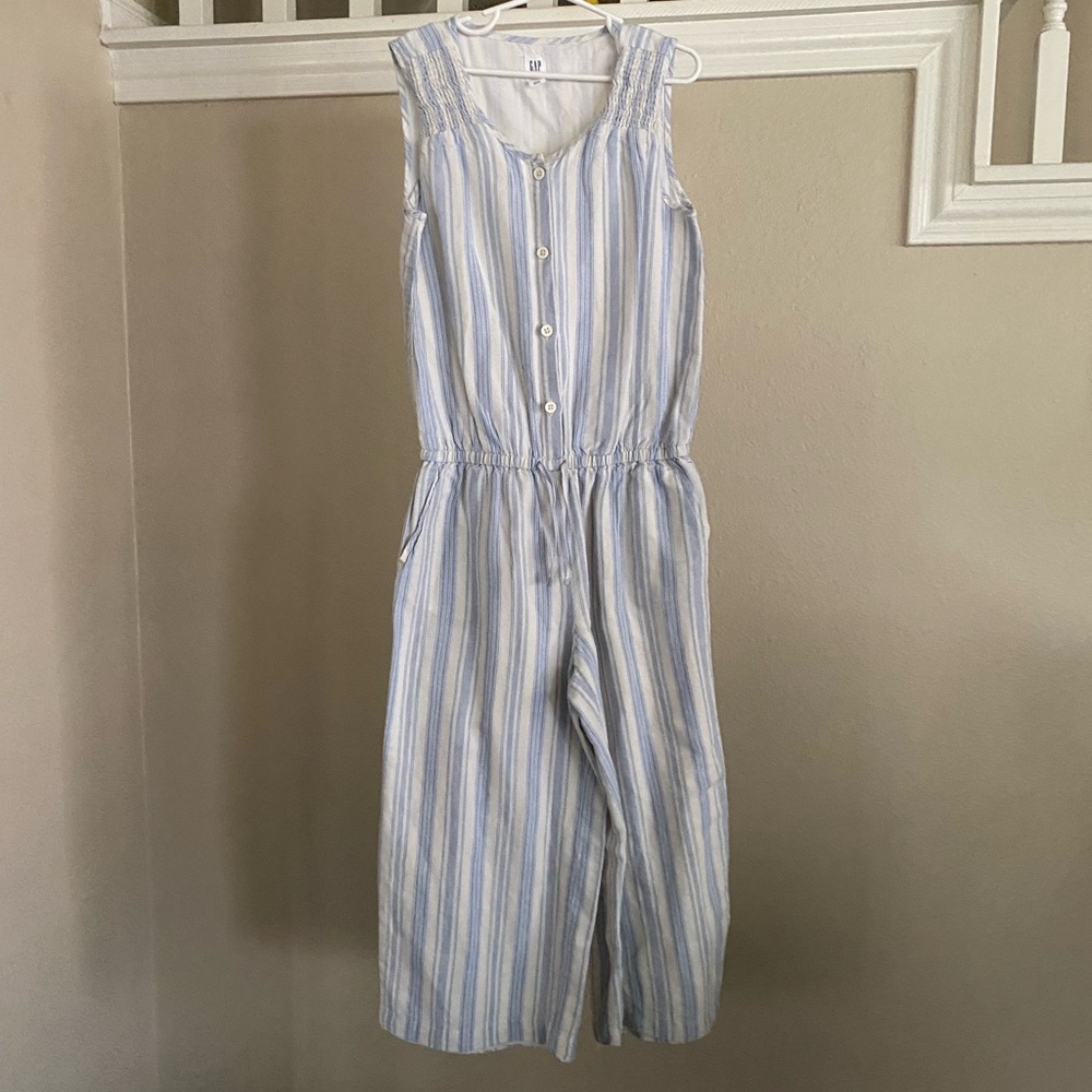Girls Gap Kids Blue and White Striped Sleeveless Jumpsuit